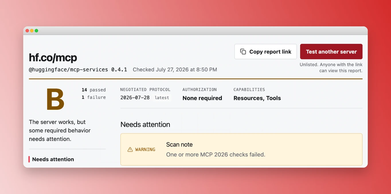MCP Debugger report showing a B grade